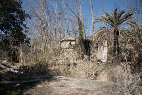 Restos de construcciones del jardín entre palmeras