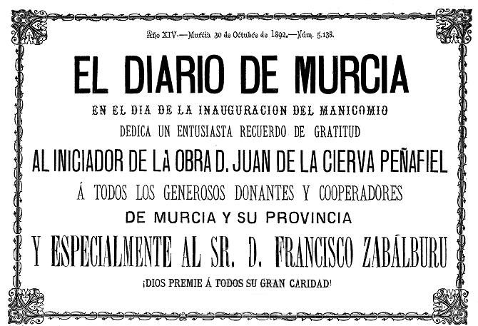 Dedicatoria de El Diario de Murcia el día de la inauguración del Manicomio